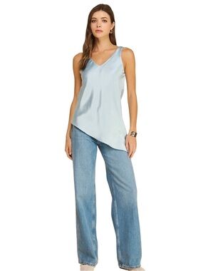 New If She Loves Aurea Baby Light Blue V Neck Satin Asymmetrical Angled Tank Top